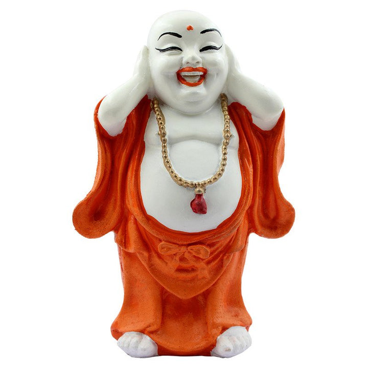 Handcrafted Ployresin Lord Buddha Standing With Putting Hand On Ears Statue Showpiece Home Decor/Office Decor/Spiritual Gift, Orange - Karigaari India Aesthetic Home Decor