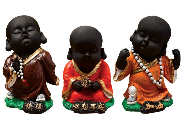 Handcrafted Ployresin Standing And Sitting Lord Buddha Statue Three Pieces Showpiece Home Decor/Office Decor/Spiritual Gift, Brown And Orange - Karigaari India Aesthetic Home Decor