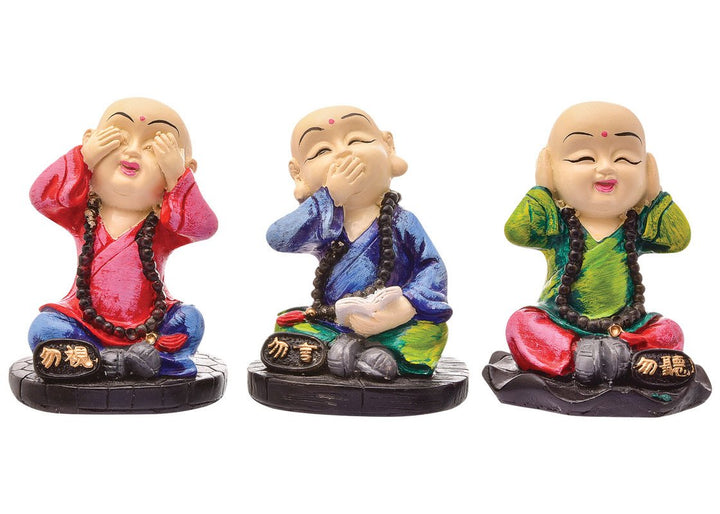 Handcrafted Ployresin Sitting And Putting Hand On Eyes, Ears And Mouth Lord Buddha Statue Showpiece Home Decor/Office Decor/Spiritual Gift, Multicolour, Three Pieces - Karigaari India Aesthetic Home Decor