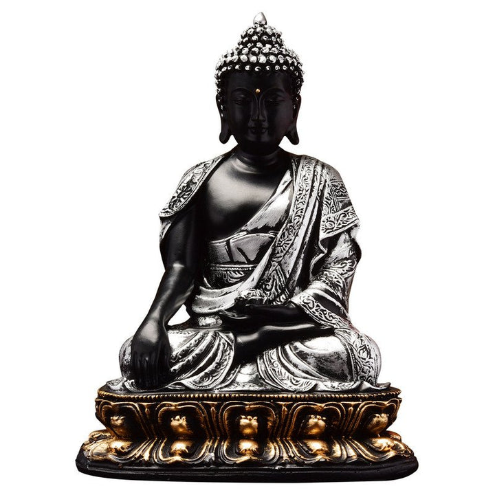Handcrafted Ployresin Lord Buddha Grey And Black Colour Sitting Statue Sitting On Golden Colour Table Showpiece Home Decor/Office Decor/Spiritual Gift - Karigaari India Aesthetic Home Decor