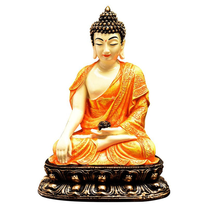 Handcrafted Ployresin Lord Buddha Orange Colour Sitting Statue Sitting On Golden Colour Table Showpiece Home Decor/Office Decor/Spiritual Gift - Karigaari India Aesthetic Home Decor