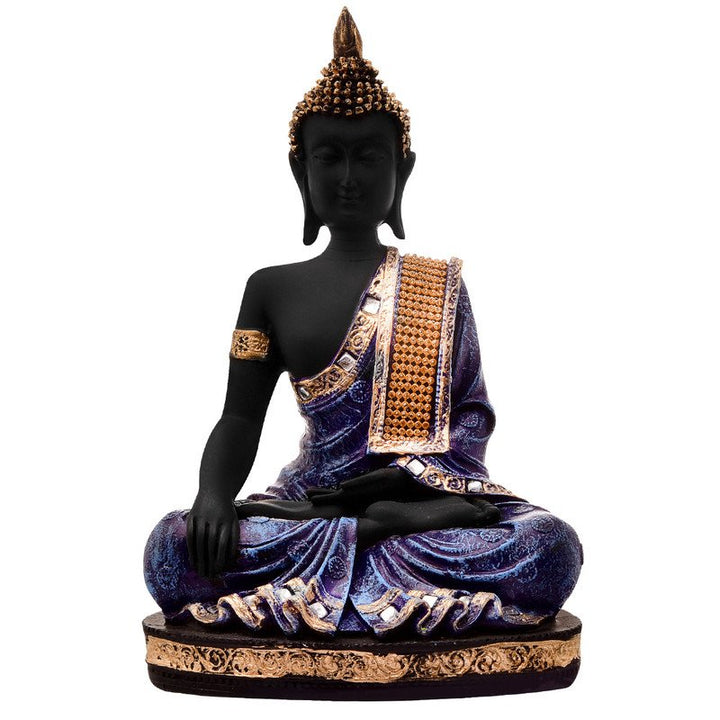 Handcrafted Ployresin Lord Buddha Meditating Statue Sitting On Golden Colour Table Showpiece Home Decor/Office Decor/Spiritual Gift, Black And Dark Purple Colour - Karigaari India Aesthetic Home Decor