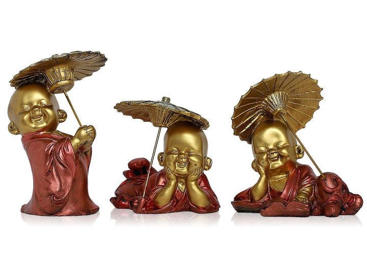 Handcrafted Ployresin Lord Buddha Golden Statue With Umbrella Showpiece Home Decor/Office Decor/Spiritual Gift, Three Pieces - Karigaari India Aesthetic Home Decor
