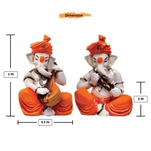 Unique Two Lord Ganesha Playing Instruments Idol Orange Best for Home Decor - Karigaari India Aesthetic Home Decor