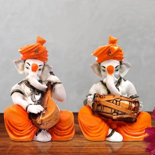 Unique Two Lord Ganesha Playing Guitar & Dhol Idol Orange Best for Home Decor - Karigaari India Aesthetic Home Decor
