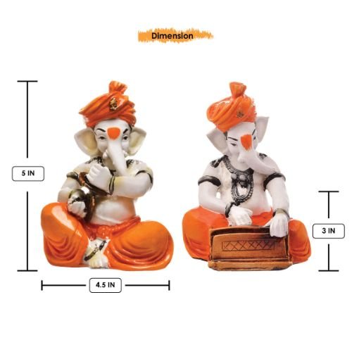 Small Unique Two Lord Ganesha Playing Instruments Idol Orange Best for Home Decor - Karigaari India Aesthetic Home Decor