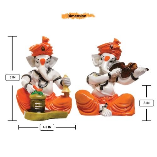 Unique Little Two Lord Ganesha Playing Instruments Idol Orange Best for Home Decor - Karigaari India Aesthetic Home Decor