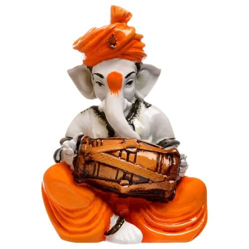 Unique Little Lord Ganesha Playing Dhol Idol Orange Best for Home Decor - Karigaari India Aesthetic Home Decor