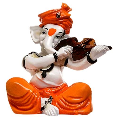 Unique Little Lord Ganesha Playing Violin Idol Orange Best for Home Decor - Karigaari India Aesthetic Home Decor