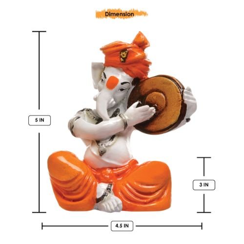 Unique Little Lord Ganesha Playing Dafli Idol Orange Best for Home Decor - Karigaari India Aesthetic Home Decor