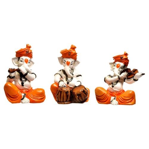 Unique Three Lord Ganesha Playing Instruments Idol Orange Best for Home Decor - Karigaari India Aesthetic Home Decor