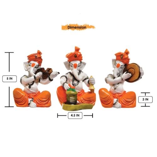Unique Design Three Lord Ganesha Playing Instruments Idol Orange Best for Home Decor - Karigaari India Aesthetic Home Decor