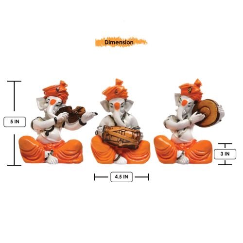 Unique Design Three Little Lord Ganesha Playing Instruments Idol Orange Best for Home Decor - Karigaari India Aesthetic Home Decor