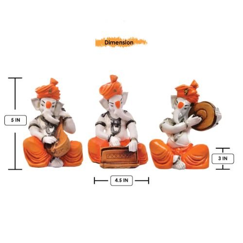 Unique Design Three Lord Ganesha Playing Instruments Idol Orange Best Item for Home Decor - Karigaari India Aesthetic Home Decor