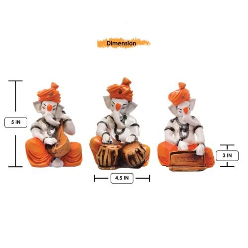 Unique Design Three Little Lord Ganesha Playing Instruments Idol Orange Best Item for Home Decor - Karigaari India Aesthetic Home Decor