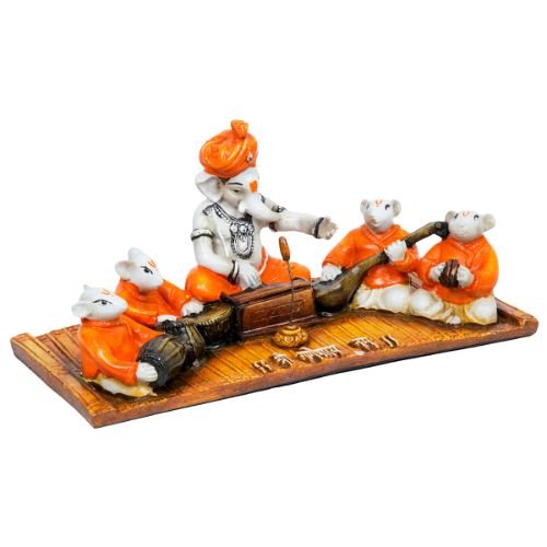 Unique Design Little Lord Ganesha Playing Instruments With Mouse Idol Orange Best Item for Home Decor - Karigaari India Aesthetic Home Decor