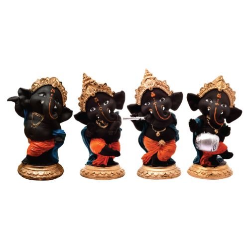 Unique Design Four Little Lord Ganesha Playing Instruments Idol Black Best Item for Home Decor - Karigaari India Aesthetic Home Decor