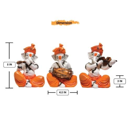 Three Lord Ganesha Idol Playing Instruments Idol Orange Best & Unique Item for Home Decor - Karigaari India Aesthetic Home Decor