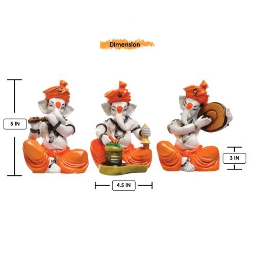 Three Little Lord Ganesha Idol Playing Instruments Orange Best & Unique Item for Home Decor - Karigaari India Aesthetic Home Decor