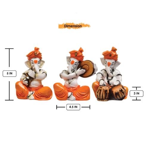 Three Small Lord Ganesha Idol Playing Instruments Orange Best & Unique Design for Home Decor - Karigaari India Aesthetic Home Decor