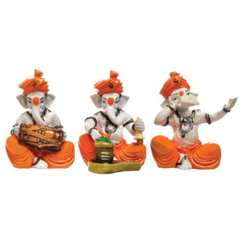 Small Three Lord Ganesha Idol Playing Instruments Best & Unique Design Orange for Home Decor - Karigaari India Aesthetic Home Decor