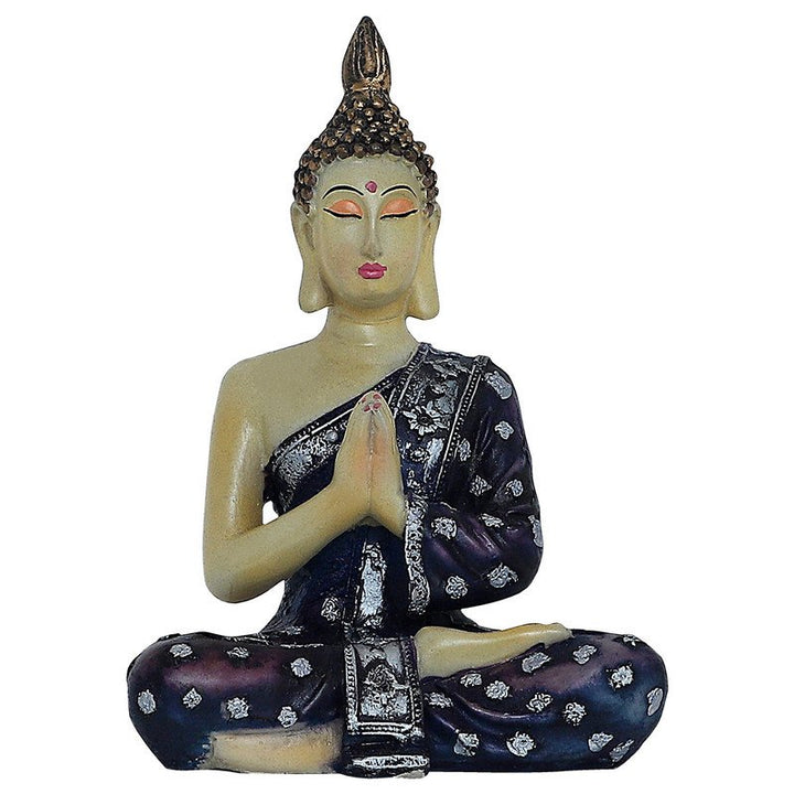Handcrafted Ployresin Lord Buddha Sitting And Praying Wearing Black And Silver Clothes Statue Showpiece Home Decor/Office Decor/Spiritual Gift - Karigaari India Aesthetic Home Decor