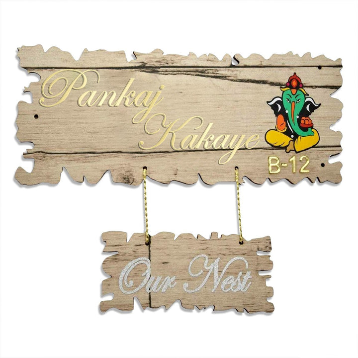Cream Color Beautiful Wooden Name Plate for House Sturdy Durable Custom with Ganesha - Karigaari India Aesthetic Home Decor