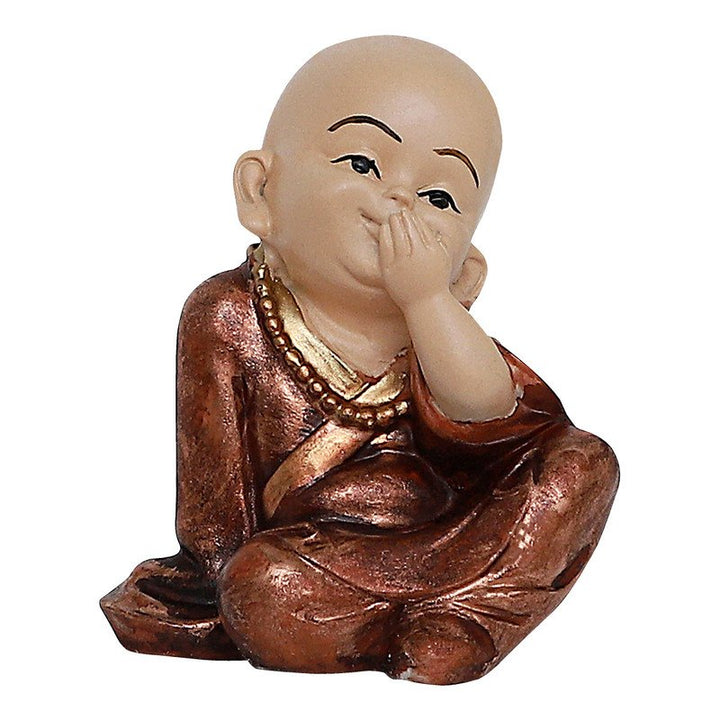 Handcrafted Ployresin Lord Buddha Sitting With Putting Hand On Mouth Statue Showpiece Home Decor/Office Decor/Spiritual Gift, Shiny Brown - Karigaari India Aesthetic Home Decor