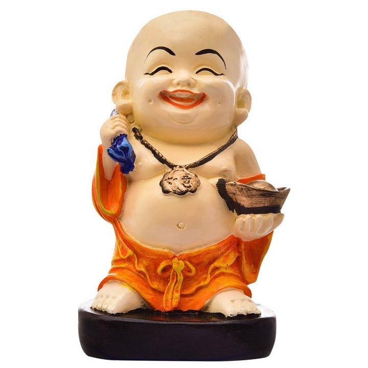 Handcrafted Ployresin Standing Laughing Lord Buddha Statues Showpiece Home Decor/Office Decor/Spiritual Gift, Orange - Karigaari India Aesthetic Home Decor