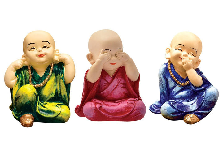 Handcrafted Ployresin Sitting With Putting Fingers On Mouth, Eyes And Ears Three Lord Buddha Multicolour Statues Showpiece Home Decor/Office Decor/Spiritual Gift - Karigaari India Aesthetic Home Decor
