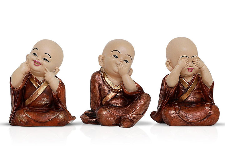 Handcrafted Ployresin Lord Buddha Three Sitting Statues Wearing Shiny Brown Clothes Showpiece Home Decor/Office Decor/Spiritual Gift - Karigaari India Aesthetic Home Decor