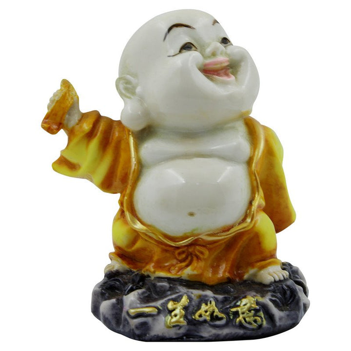Handcrafted Ployresin Lord Buddha Standing On Stone And Laughing Statue Showpiece Home Decor/Office Decor/Spiritual Gift, Yellow - Karigaari India Aesthetic Home Decor