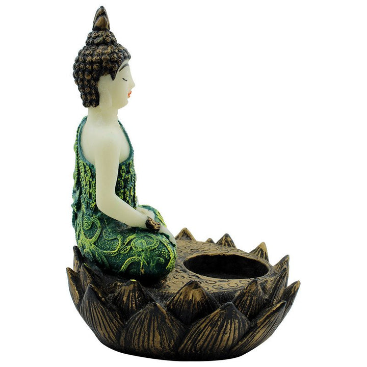 Handcrafted Ployresin Lord Buddha Sitting On Lotus Statue Showpiece Home Decor/Office Decor/Spiritual Gift, Green And Brown - Karigaari India Aesthetic Home Decor