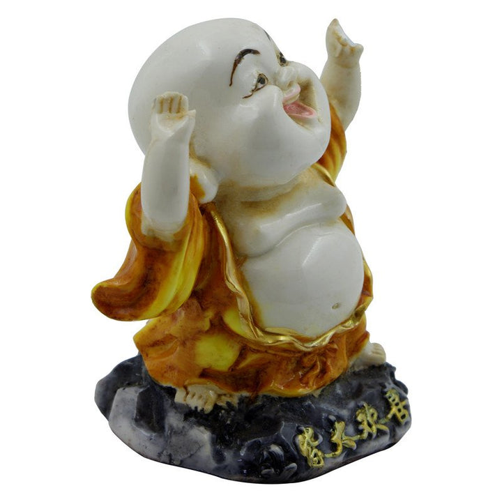 Handcrafted Ployresin Lord Buddha Laughing And Standing Statue Showpiece Home Decor/Office Decor/Spiritual Gift, White And Yellow - Karigaari India Aesthetic Home Decor