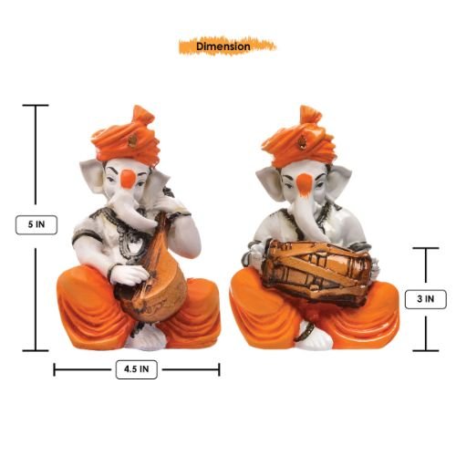 Unique Two Lord Ganesha Playing Guitar & Dhol Idol Orange Best for Home Decor - Karigaari India Aesthetic Home Decor