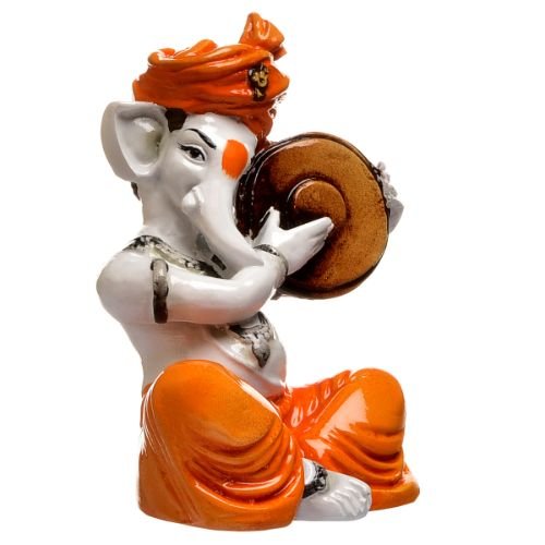 Unique Little Lord Ganesha Playing Dafli Idol Orange Best for Home Decor - Karigaari India Aesthetic Home Decor