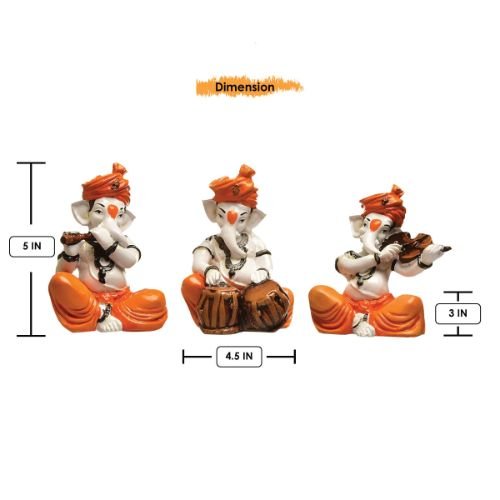 Unique Three Lord Ganesha Playing Instruments Idol Orange Best for Home Decor - Karigaari India Aesthetic Home Decor