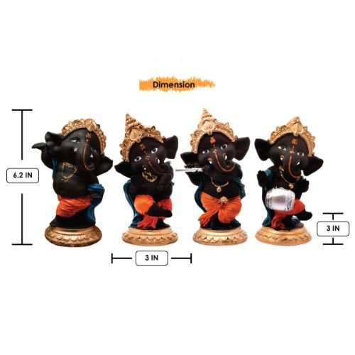 Unique Design Four Little Lord Ganesha Playing Instruments Idol Black Best Item for Home Decor - Karigaari India Aesthetic Home Decor