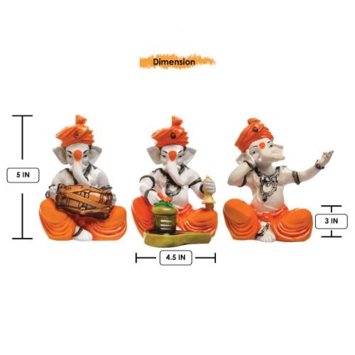 Small Three Lord Ganesha Idol Playing Instruments Best & Unique Design Orange for Home Decor - Karigaari India Aesthetic Home Decor