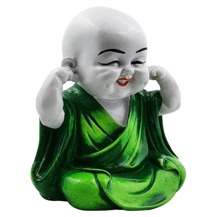 Handcrafted Ployresin Lord Buddha Sitting With Putting Fingers In Ears Statue Showpiece Home Decor/Office Decor/Spiritual Gift, White And Green - Karigaari India Aesthetic Home Decor