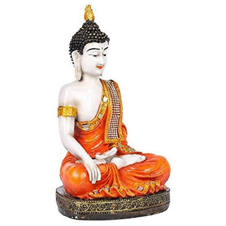 Handcrafted Ployresin Golden And Orange Colour Sitting Lord Buddha Statue Showpiece Home Decor/Office Decor/Spiritual Gift - Karigaari India Aesthetic Home Decor