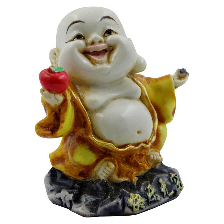 Handcrafted Ployresin Lord Buddha Laughing And Standing With Taking Apple in Hand White And Yellow Statue Showpiece Home Decor/Office Decor/Spiritual Gift - Karigaari India Aesthetic Home Decor