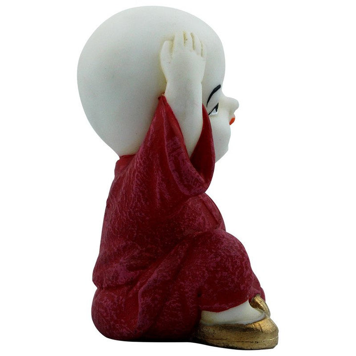 Handcrafted Ployresin Lord Buddha Sitting And Putting Hand On Head Statue Showpiece Home Decor/Office Decor/Spiritual Gift, White And Red - Karigaari India Aesthetic Home Decor