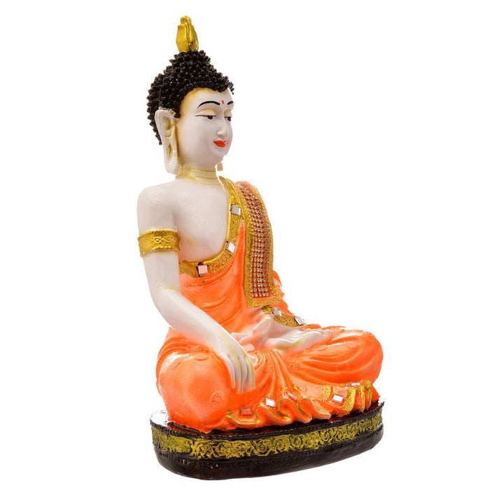 Handcrafted Ployresin Lord Buddha Meditating Statue Sitting On Golden Colour Table Showpiece Home Decor/Office Decor/Spiritual Gift, Orange Colour - Karigaari India Aesthetic Home Decor