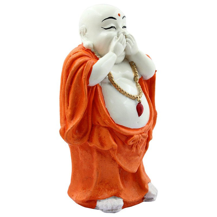 Handcrafted Ployresin Lord Buddha Standing With Putting Hand On Mouth Statue Showpiece Home Decor/Office Decor/Spiritual Gift, White And Orange - Karigaari India Aesthetic Home Decor