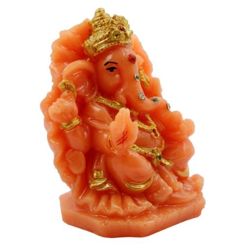 Lord Ganesha sitting On Sihansan Crown Orange Colour Idol for Home Decor - Karigaari India Aesthetic Home Decor