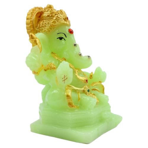 Small Lord Ganesha With Rat Sitting Wearing Gold Ornaments Crystal Green Idol for Home Decor - Karigaari India Aesthetic Home Decor