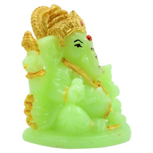 Lord Ganesha sitting Unique Crystal Green Colour Idol with Golden Ornaments for Home Decor - Karigaari India Aesthetic Home Decor