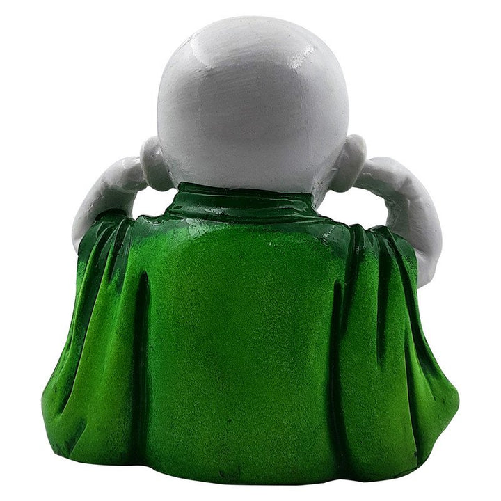 Handcrafted Ployresin Lord Buddha Sitting With Putting Fingers In Ears Statue Showpiece Home Decor/Office Decor/Spiritual Gift, White And Green - Karigaari India Aesthetic Home Decor