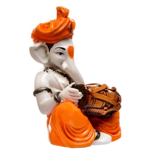Unique Little Lord Ganesha Playing Dhol Idol Orange Best for Home Decor - Karigaari India Aesthetic Home Decor